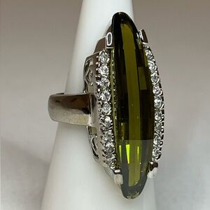 Elongated Faceted Green Quartz Ring in 925 Silver
